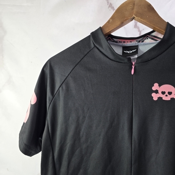 Twin Six Cycling Jersey Women XL Black Pink Plaid Skull Bike Zip Pockets Top - Picture 2 of 11